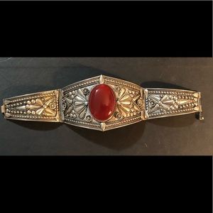 900 Silver NT Sterling Red Agate Bracelet Clamper Ornate Hinged Panel Vintage